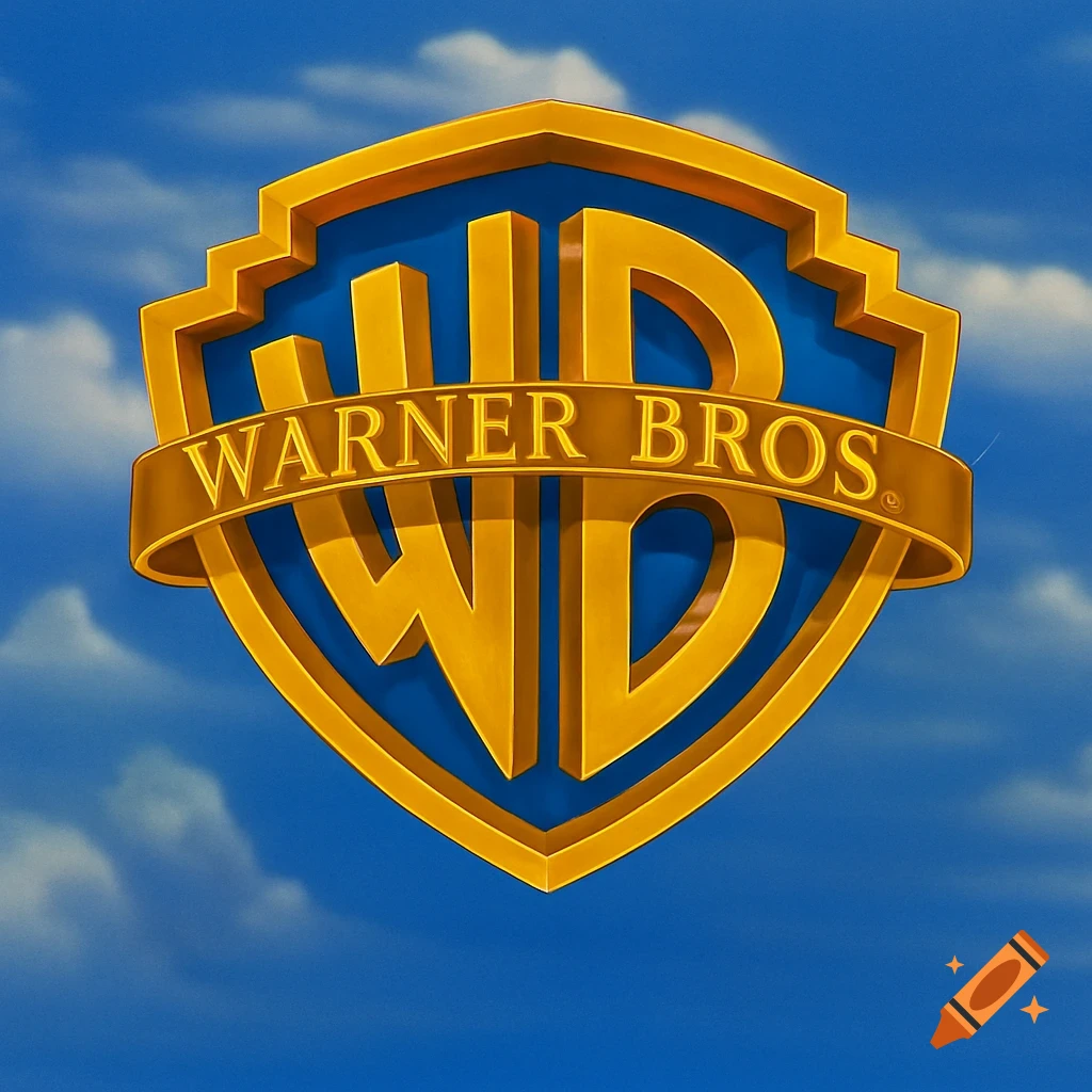 Warner Bros logo in gold on a blue shield against a blue sky with clouds.