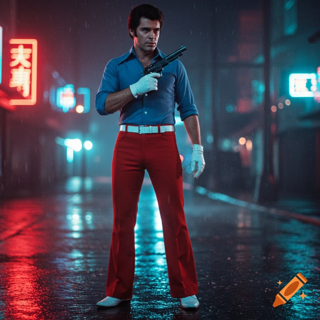 Man in 1970s blue shirt, red flare pants, white belt, and white gloves holding a silver gun on a rainy neon-lit street.