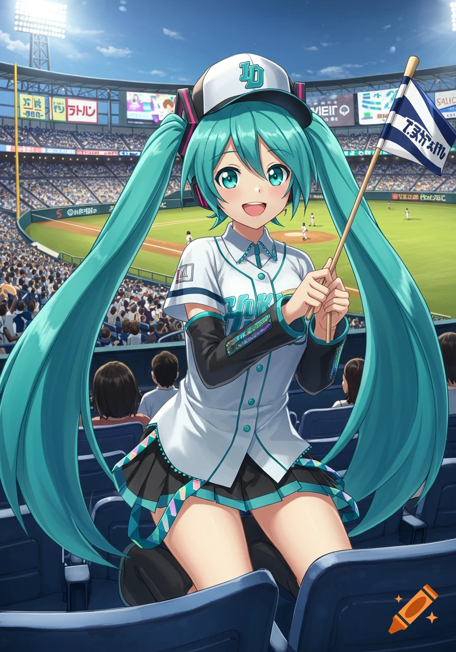 Anime character Hatsune Miku in a baseball uniform, holding a flag, cheering at a crowded baseball stadium on a sunny day.