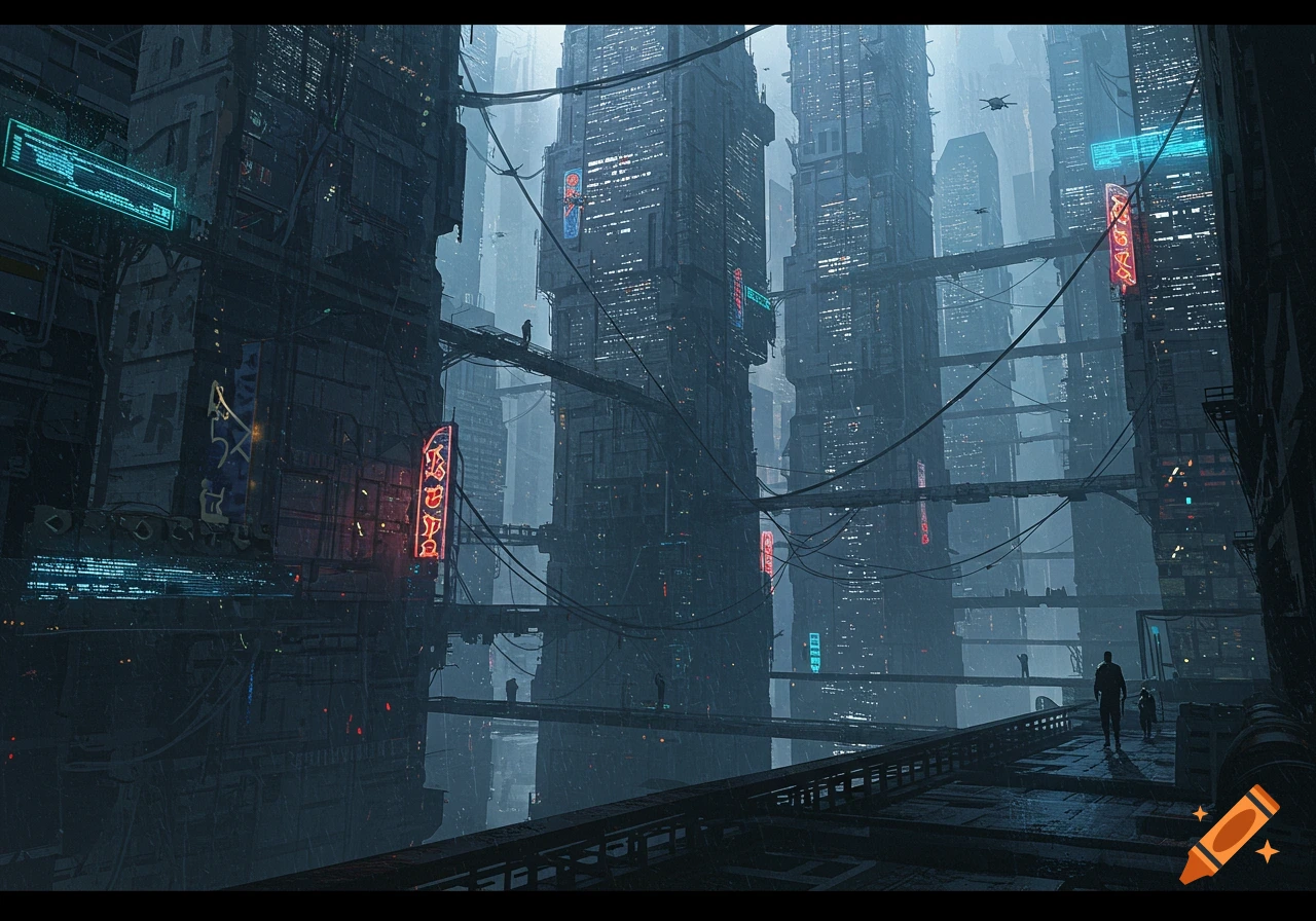 A dark and moody futuristic dystopian cityscape with towering skyscrapers, intricate sky-bridges, and glowing neon signs under a hazy sky.