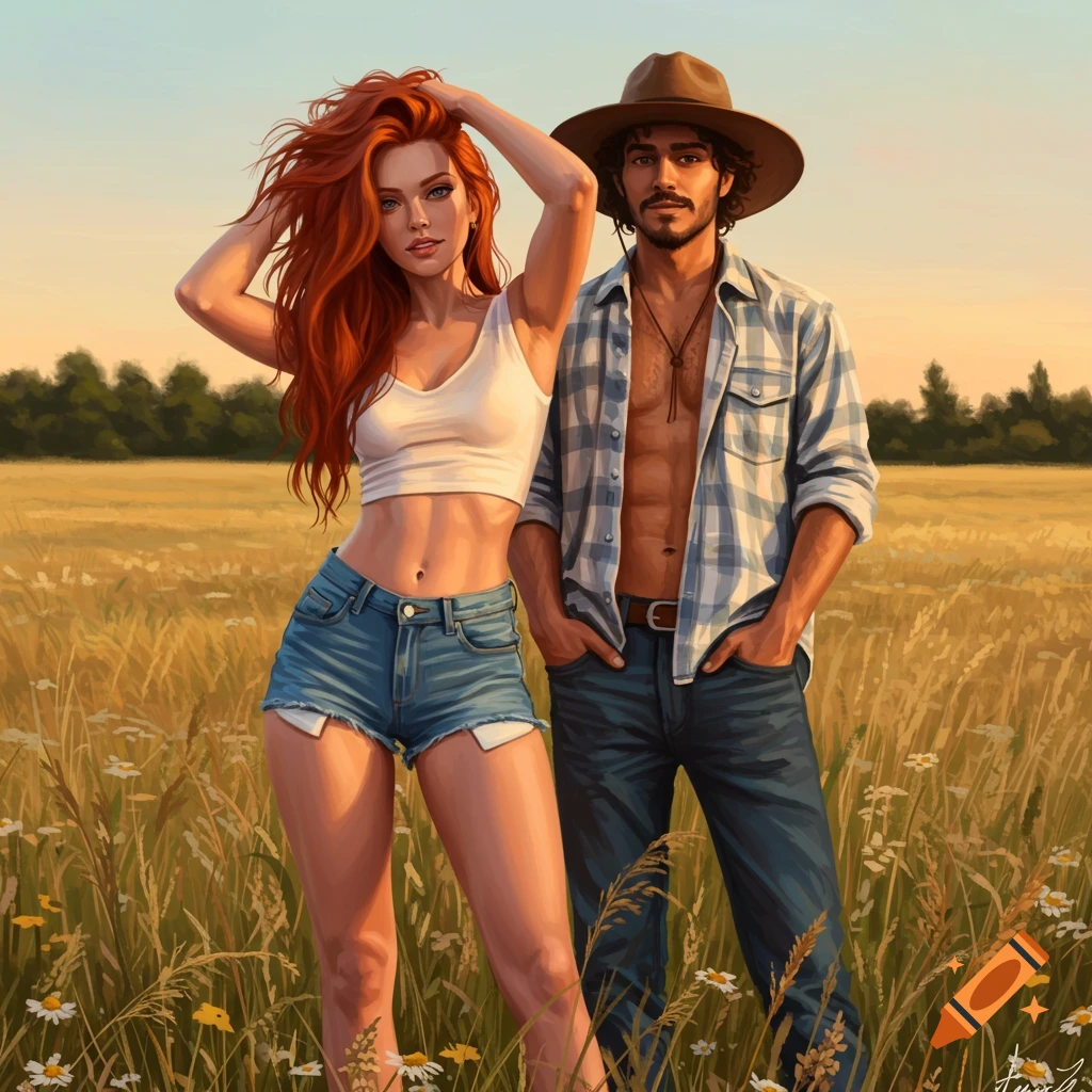 A red-haired woman in a crop top and shorts poses with a man in an unbuttoned plaid shirt and hat in a sunny field, digital art.