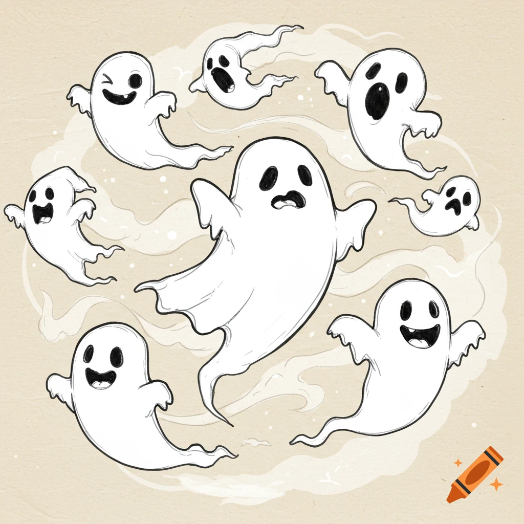 A hand-drawn illustration of multiple cute, expressive cartoon ghosts on a textured beige background.