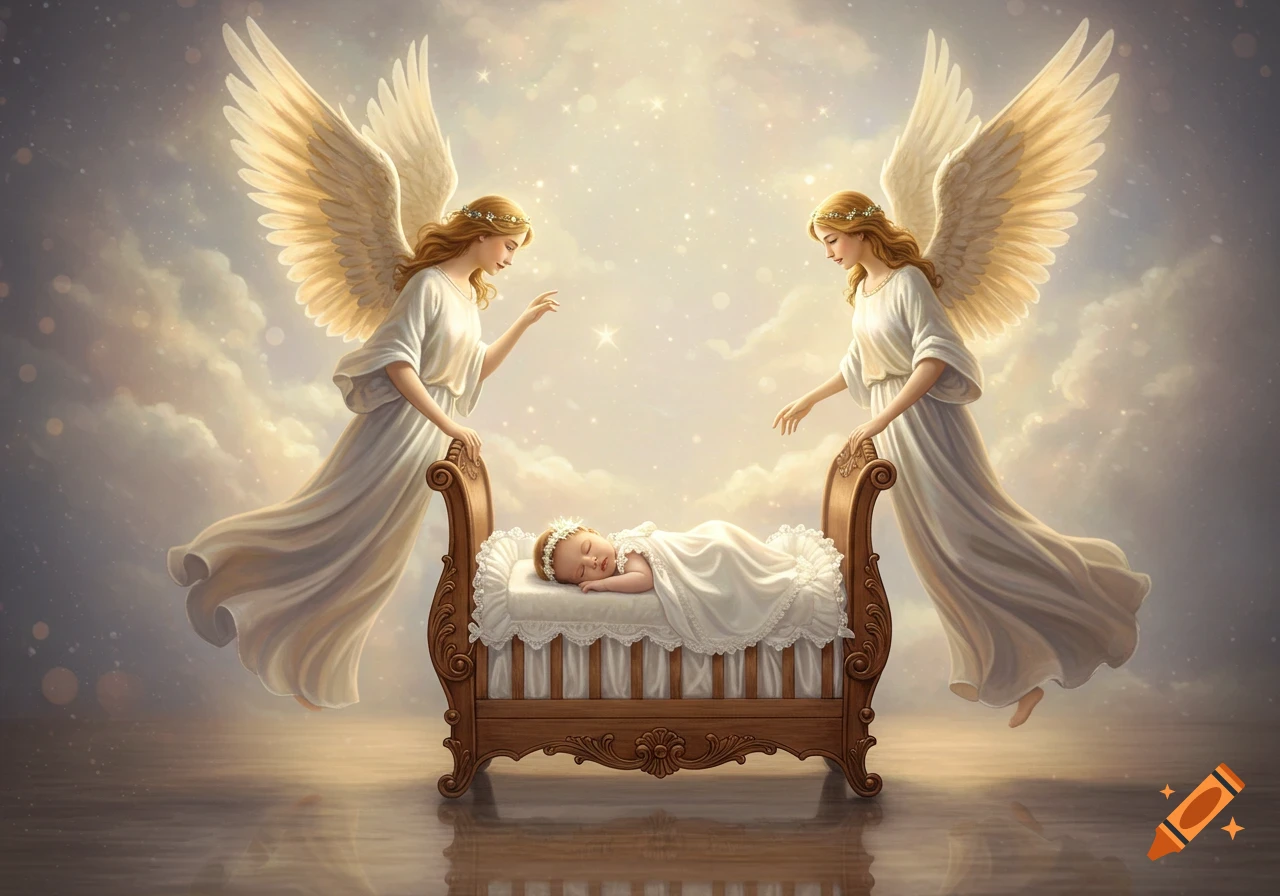 Two ethereal angels stand beside a baby sleeping in an ornate crib, surrounded by soft clouds and sparkling light.