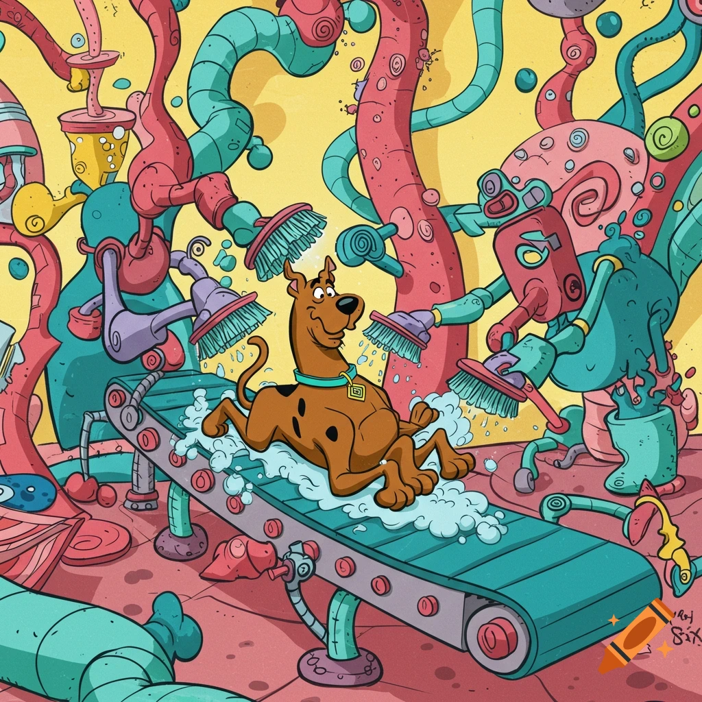 Scooby-Doo on a conveyor belt in a whimsical Dr. Seuss-style contraption, being brushed by robotic arms.