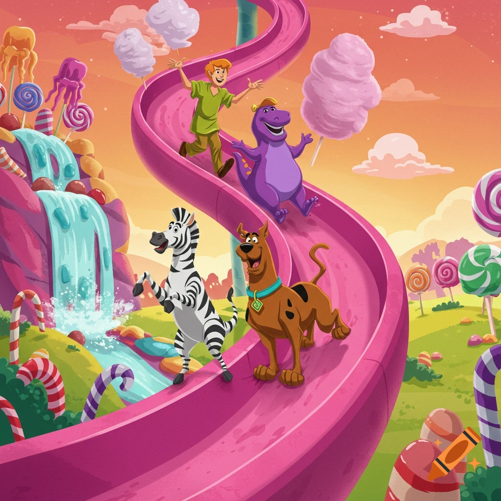 Shaggy, Scooby-Doo, Barney the Dinosaur, and a zebra slide down a pink candy slide in a colorful candy land landscape.