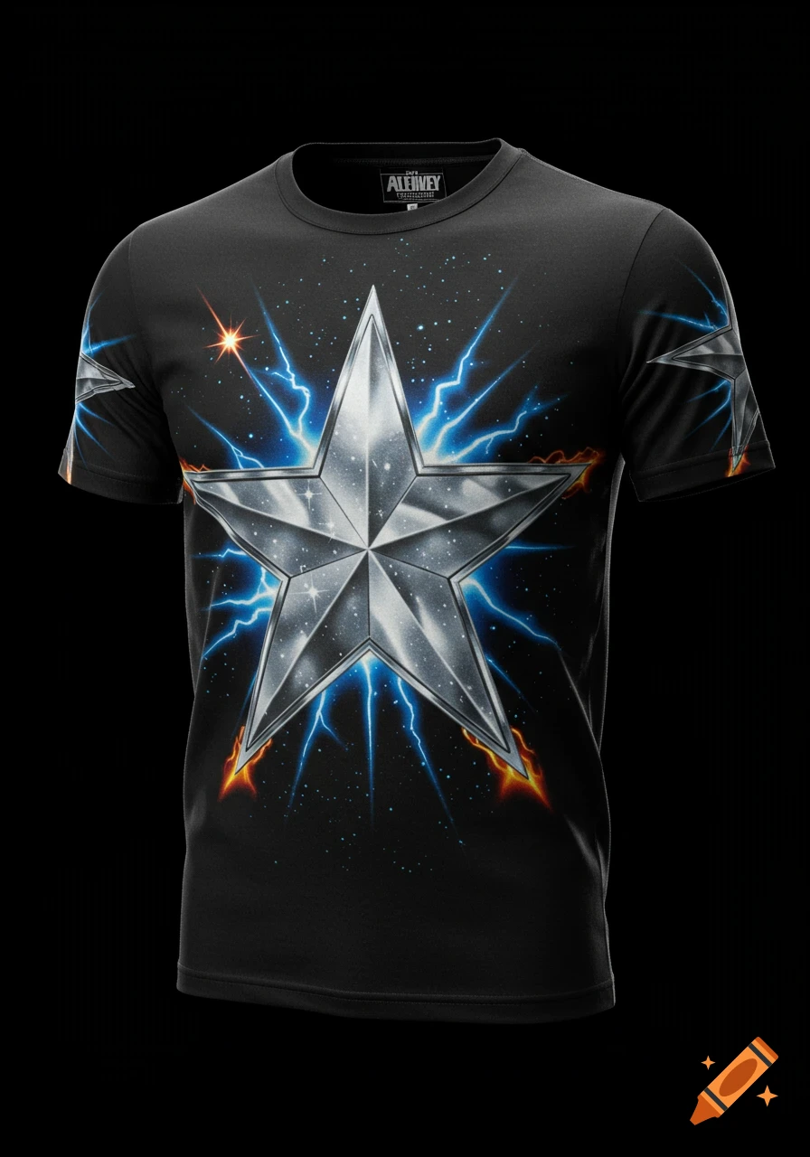 A black t-shirt with a large metallic silver star, blue lightning, and fiery accents on a cosmic background.