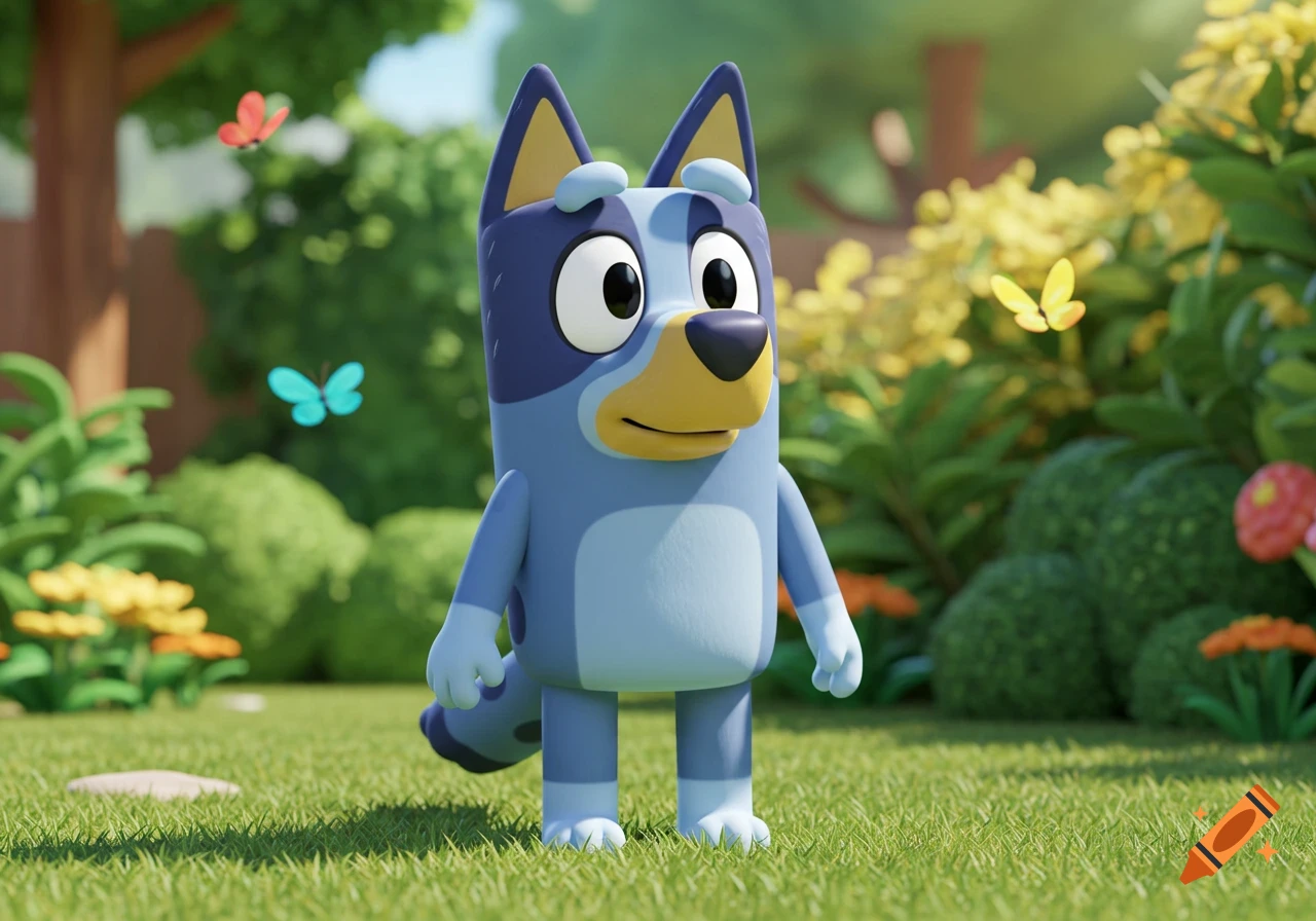 Bluey, a blue cartoon dog, stands in a lush green garden with colorful butterflies in a 3D animated style.