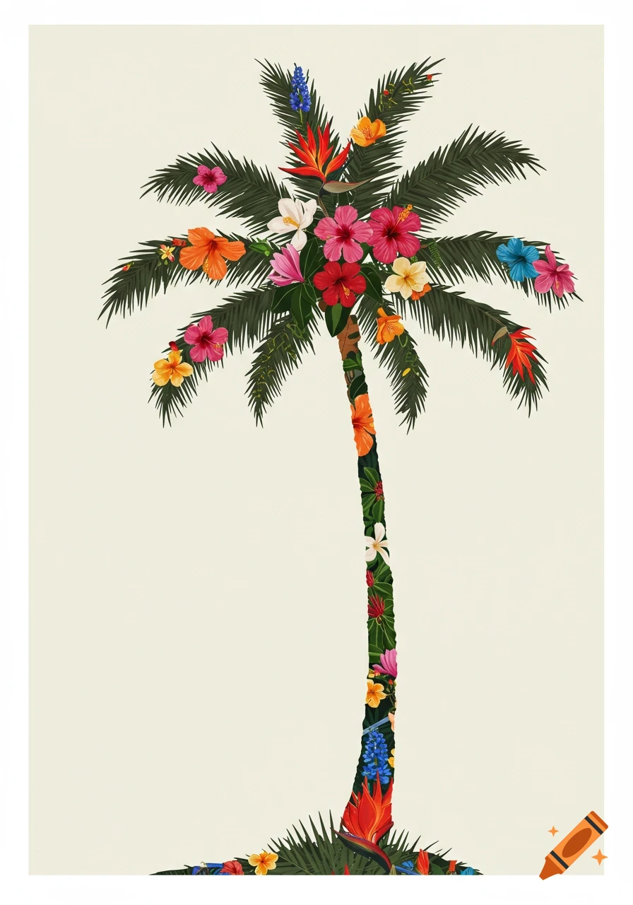 Vibrant illustration of a palm tree with its fronds and trunk filled with colorful tropical flowers against a light background.