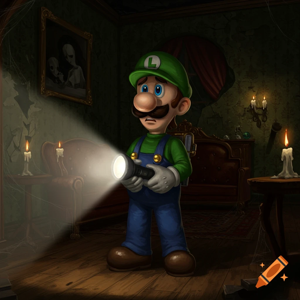 Luigi, looking nervous, shines a flashlight in a dark, cobweb-filled haunted room with old furniture.