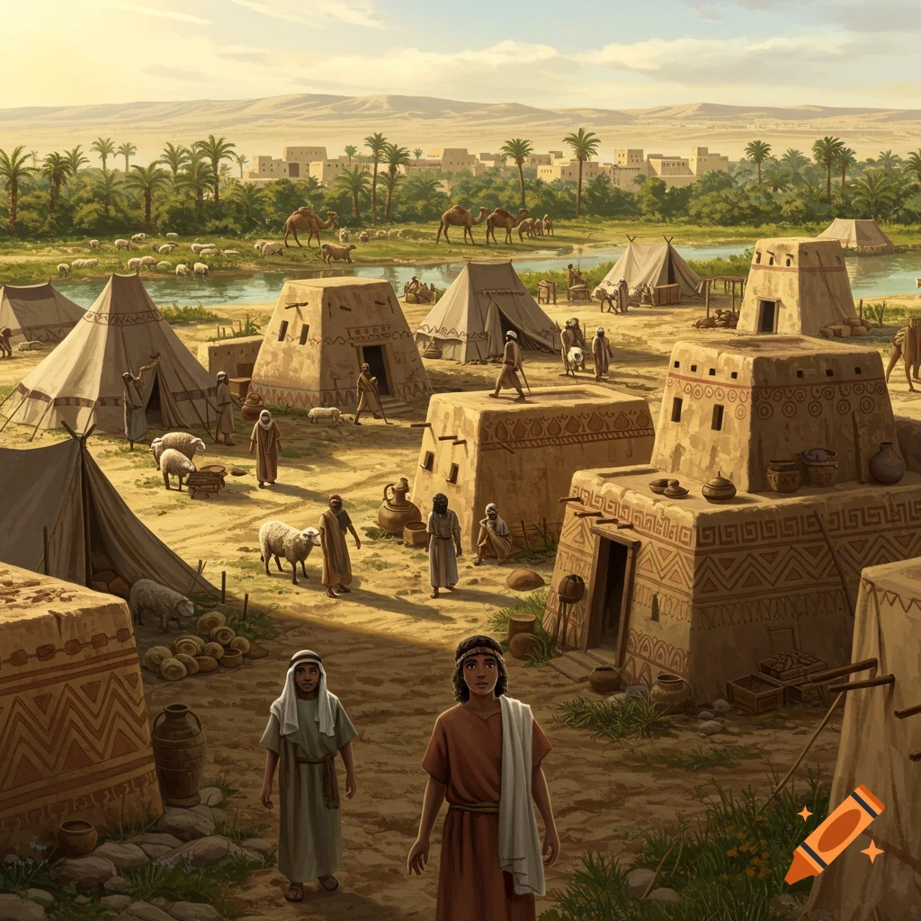 Ancient Mesopotamian village with mudbrick buildings, tents, people, camels, sheep, and palm trees along a river.