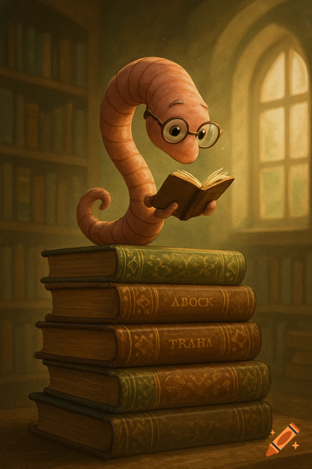 Cute cartoon worm with glasses reading a book while sitting on a stack of old books in a library, illustration.