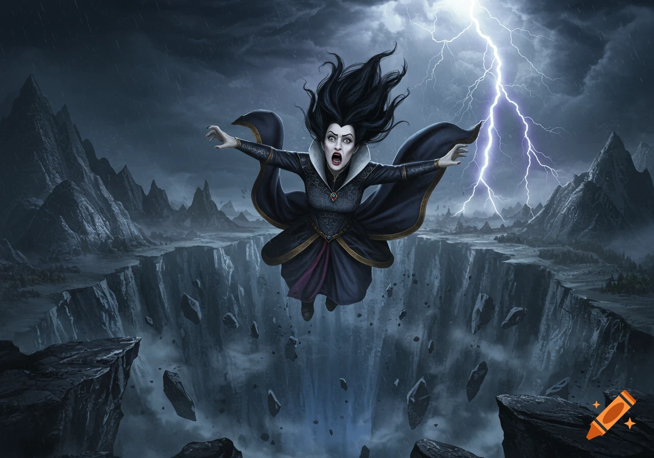 Snow White's stepmother, the Evil Queen, falls screaming into a dark chasm under a stormy, lightning-filled sky.