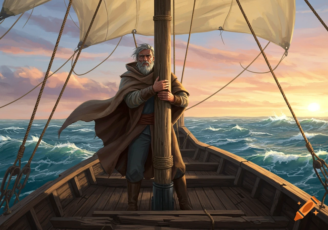 An old, bearded sailor in a brown cloak stands at the mast of a wooden ship on a wavy sea, beneath a vibrant sunset sky.