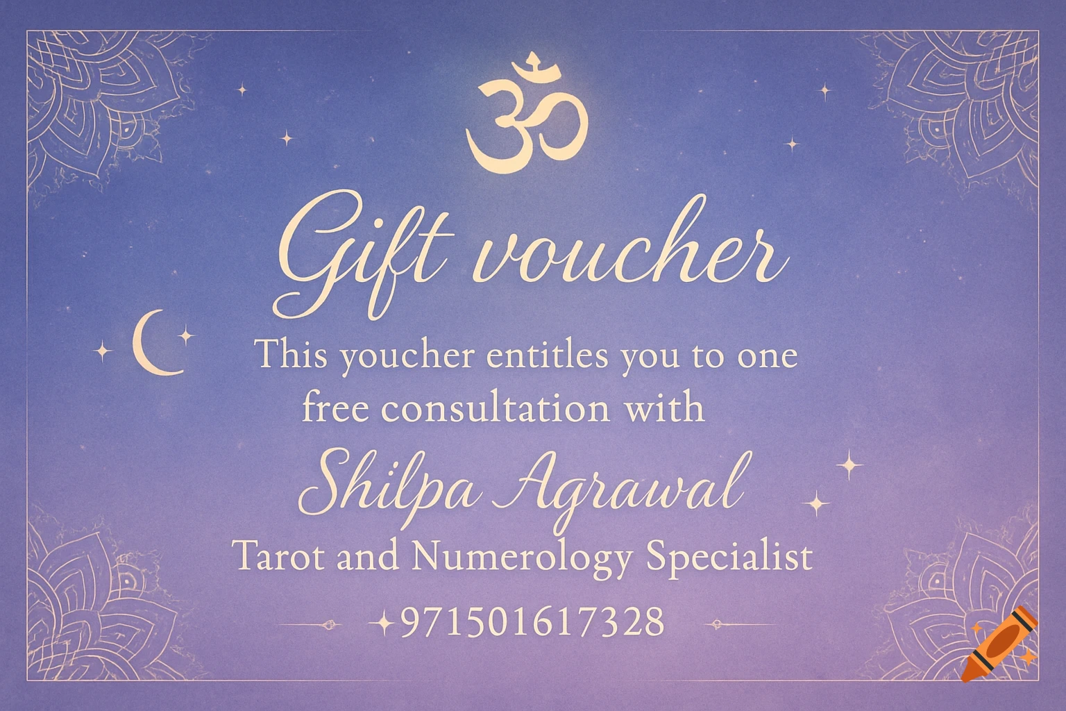 A purple and blue gift voucher with an Om symbol, moon, and stars, featuring text for a tarot and numerology consultation with Shilpa Agrawal.
