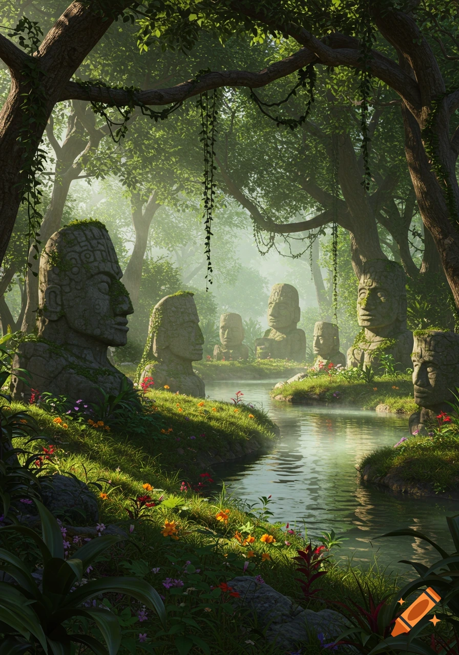 Lush jungle riverbank lined with ancient, moss-covered stone head statues in a misty, sunlit fantasy setting.
