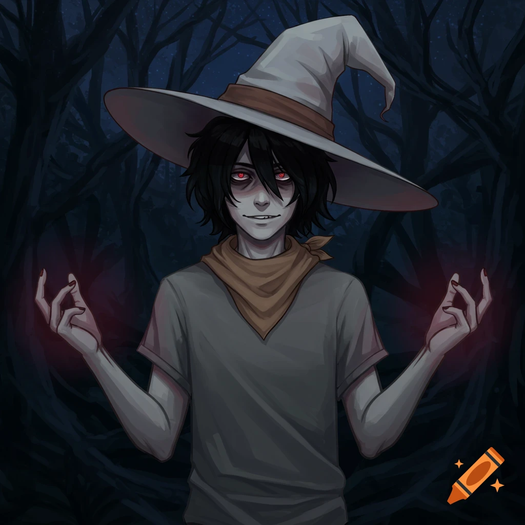 A pale, red-eyed person in a witch hat and bandana, generating red magic in a dark nightshade forest, 2D drawing.