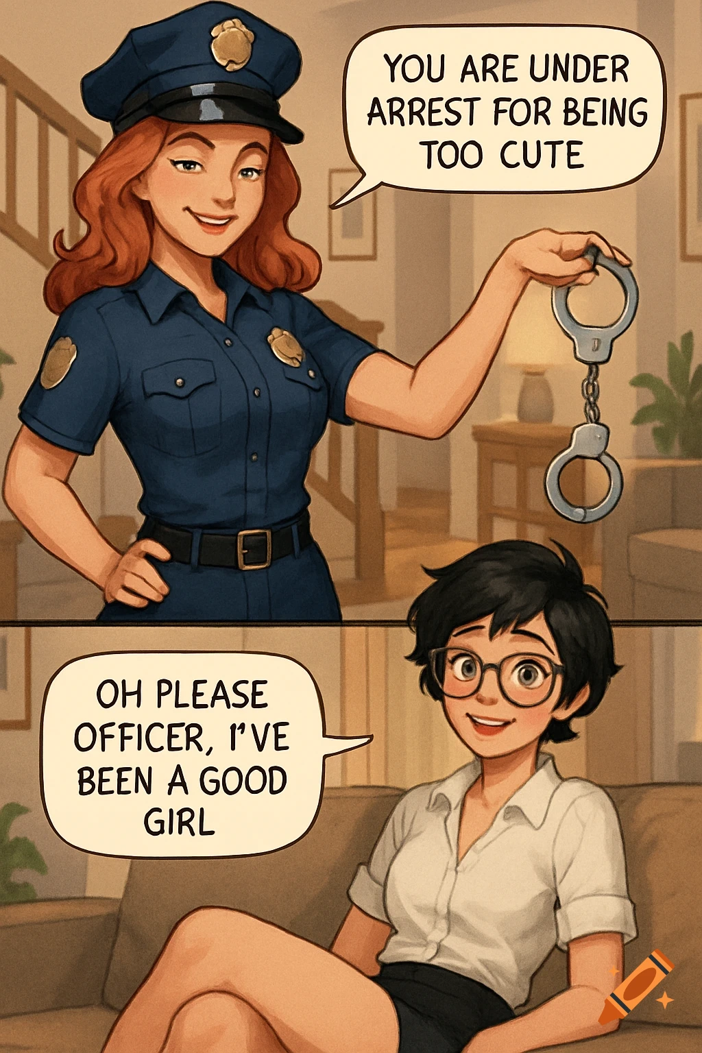A two-panel comic illustration. In the top panel, a smiling female police officer holds handcuffs. In the bottom, her blushing girlfriend sits on a couch.