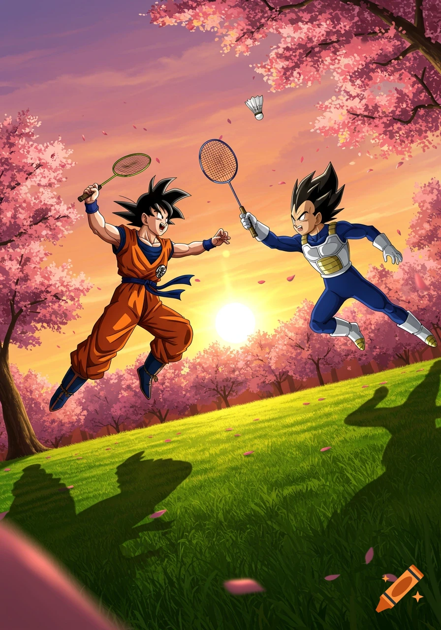 Goku and Vegeta play badminton among cherry blossom trees at sunset in an anime style.