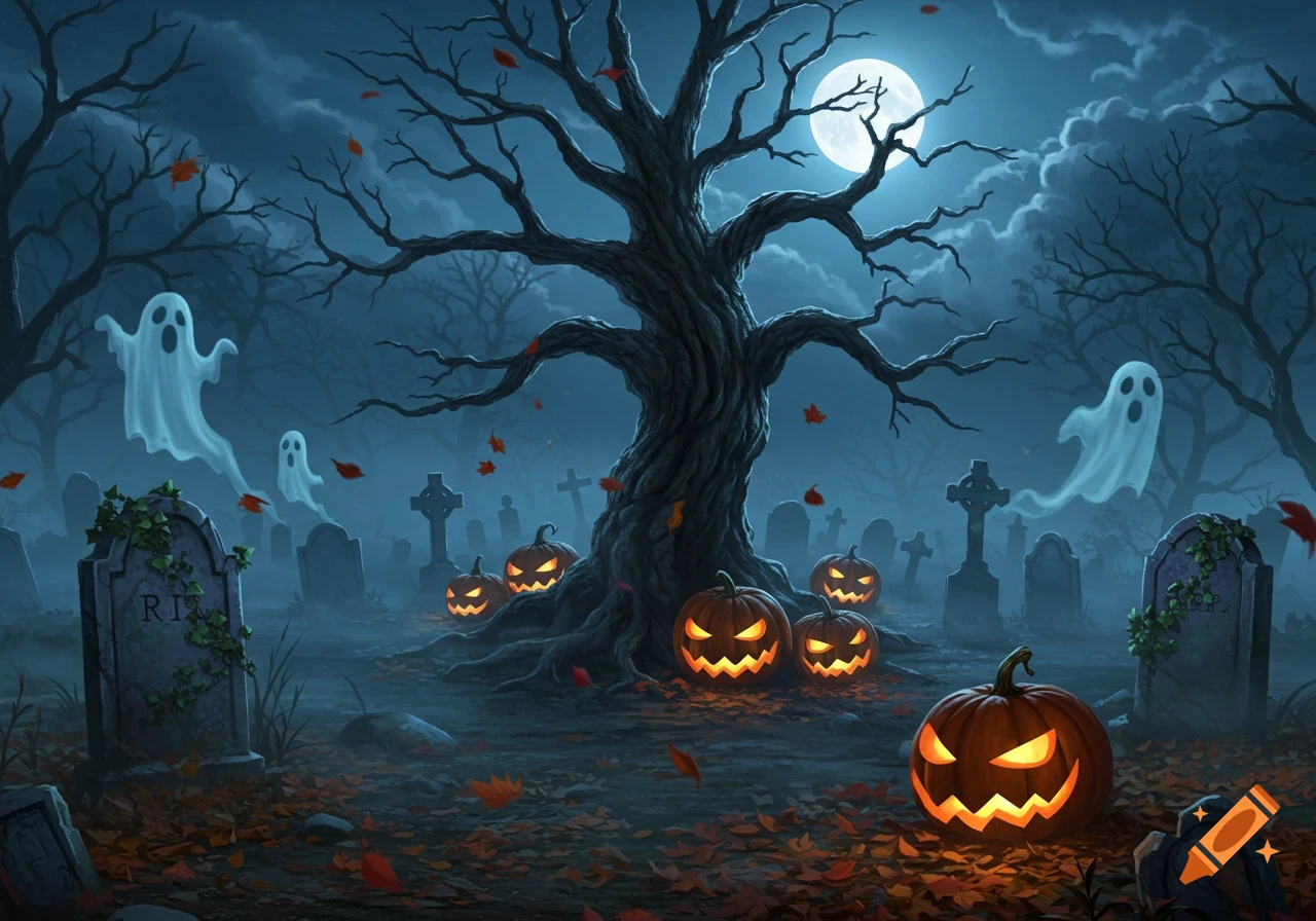 A spooky Halloween graveyard scene with a gnarled tree, glowing jack-o'-lanterns, flying ghosts, and gravestones under a full moon.