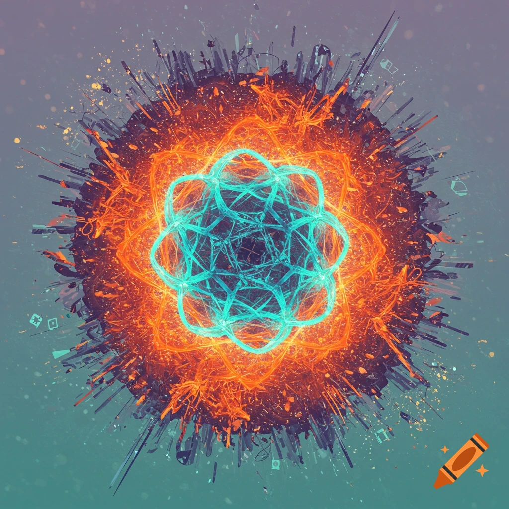 A vibrant abstract composition featuring an intricate teal geometric core surrounded by an explosive orange and black spiky halo.