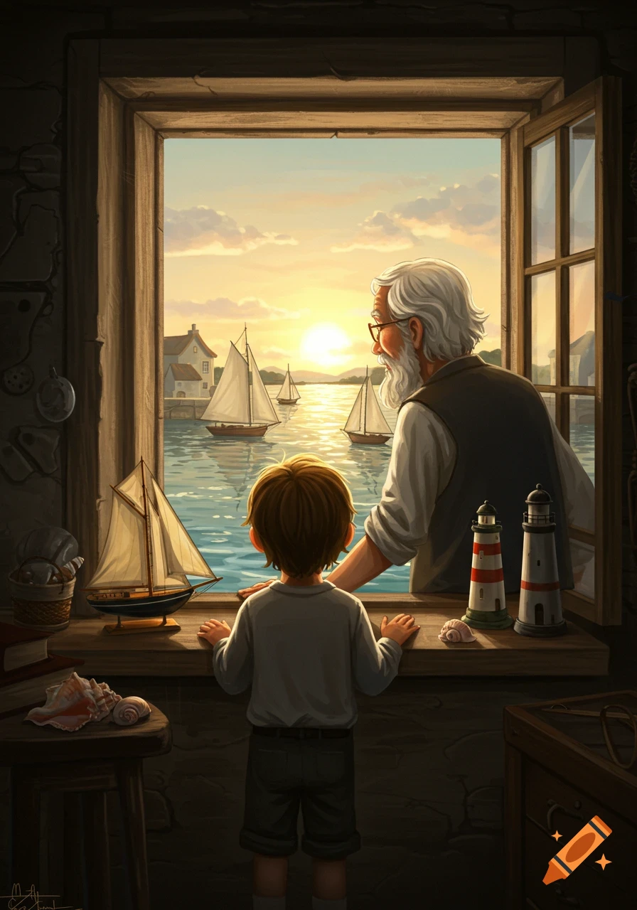 A young boy and an old man look out a window at a vibrant sunset over a harbor filled with sailboats, an illustration.