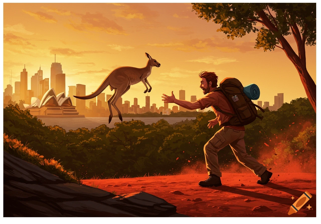 An illustrated man with a backpack tries to catch a kangaroo in front of the Sydney skyline at sunset.