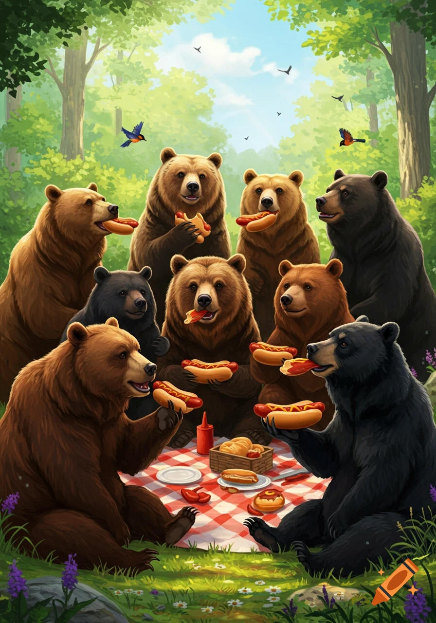 A group of nine cartoon bears having a picnic in a lush forest, sitting around a red and white checkered blanket and eating hot dogs.