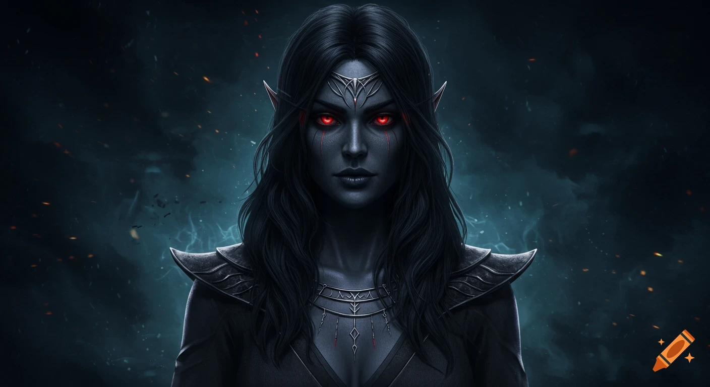 Close-up of a dark elf woman with ebony skin, long dark hair, and ...