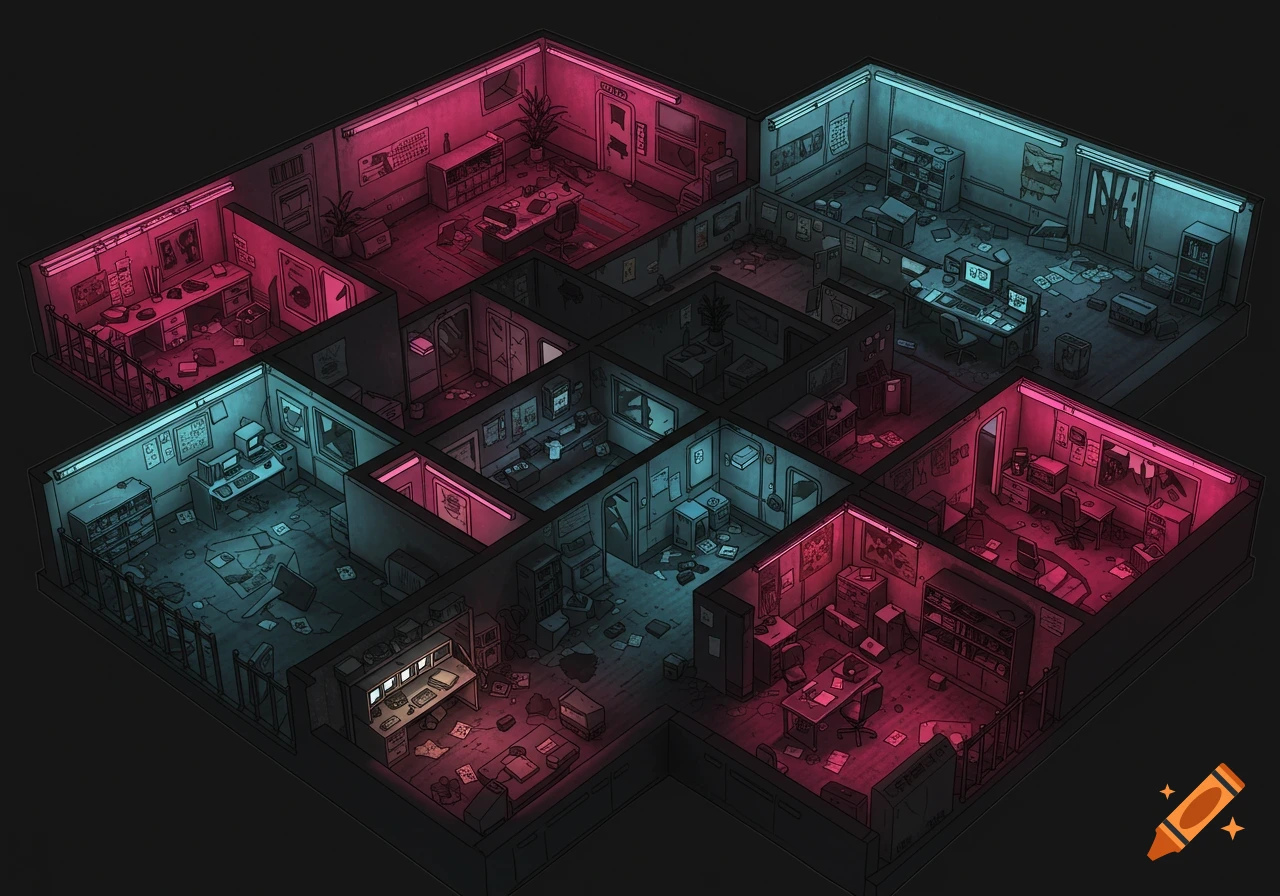An isometric map view of a large, messy retrofuturistic office with multiple rooms, lit by neon pink and blue lights.