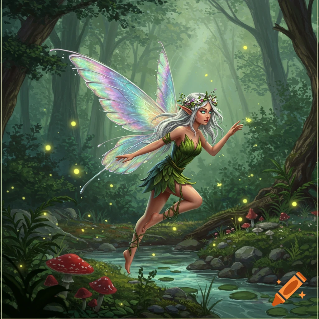 A graceful fairy with iridescent wings and white hair, dressed in green leaves, flies over a stream in a magical glowing forest with red mushrooms.
