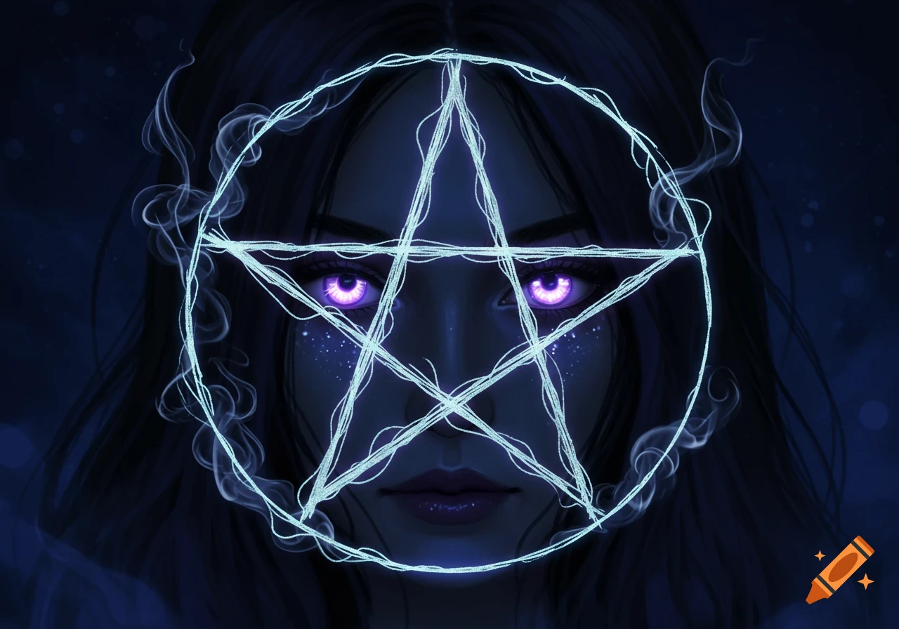 Digital art close-up of a person with glowing purple eyes behind a wispy, glowing blue pentagram.