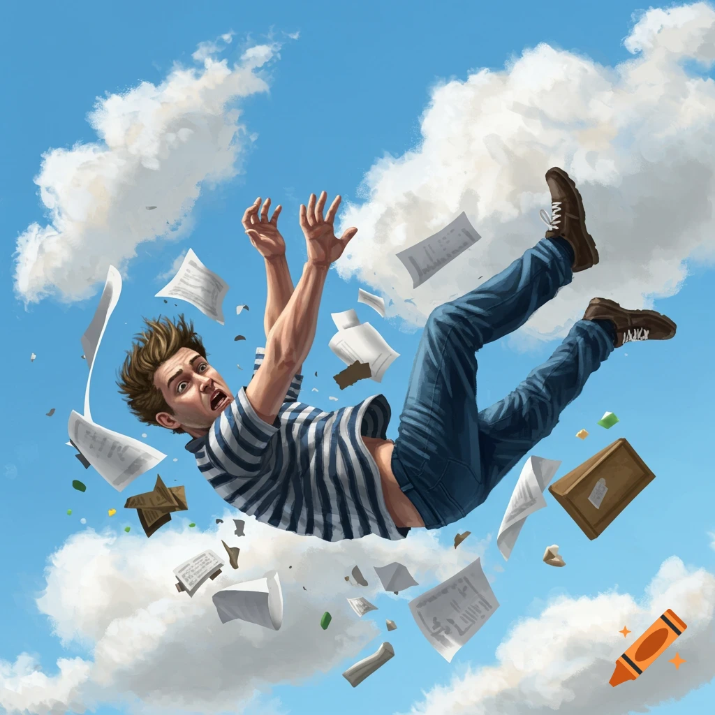 A surprised man in a striped shirt and jeans falls through a blue sky with scattered papers and objects in a stylized illustration.