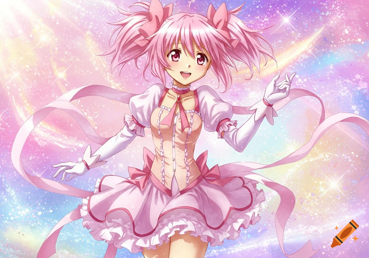 A smiling, pink-haired anime magical girl in a frilly pink and white dress with ribbons, set against a sparkly, colorful background.
