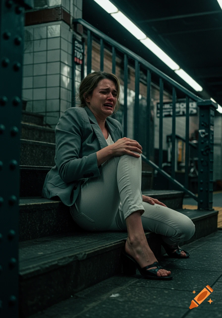 A woman in a grey blazer and white pants sits crying on dark subway stairs, clutching her knee.