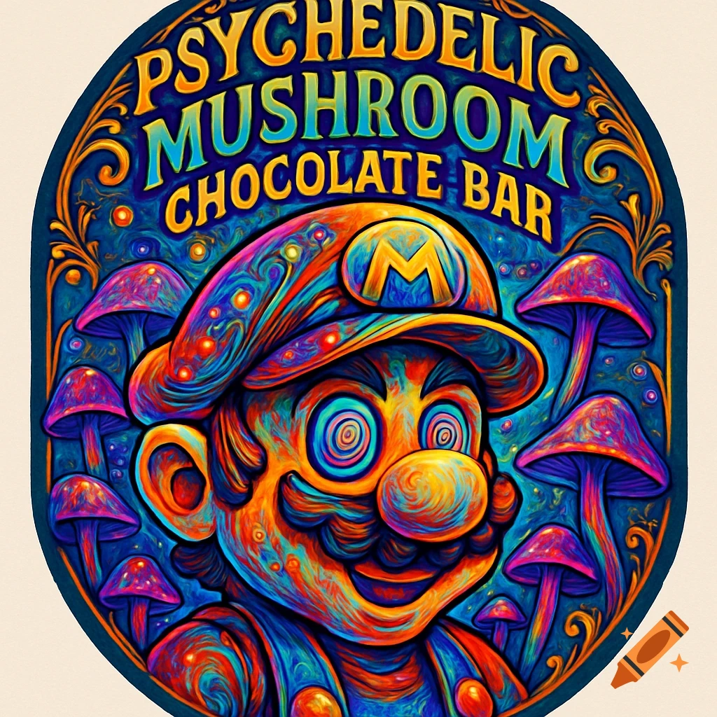 A vibrant psychedelic art style label featuring a trippy Mario surrounded by colorful mushrooms and the text 'PSYCHEDELIC MUSHROOM CHOCOLATE BAR'.