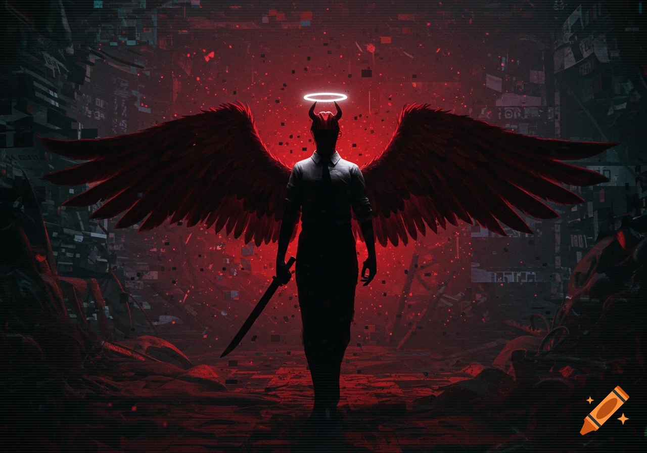 A horned figure with red wings and a halo, holding a sword, against a glitchy red and dark background in a cyberpunk style.