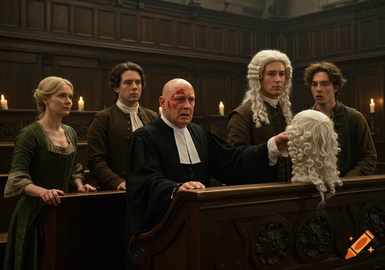 Five people in 17th-century attire in a dimly lit courtroom. A bald man with a forehead wound in a black robe looks distressed as another man holds up a white curly wig, looking at him accusingly. Others watch with varied expressions.