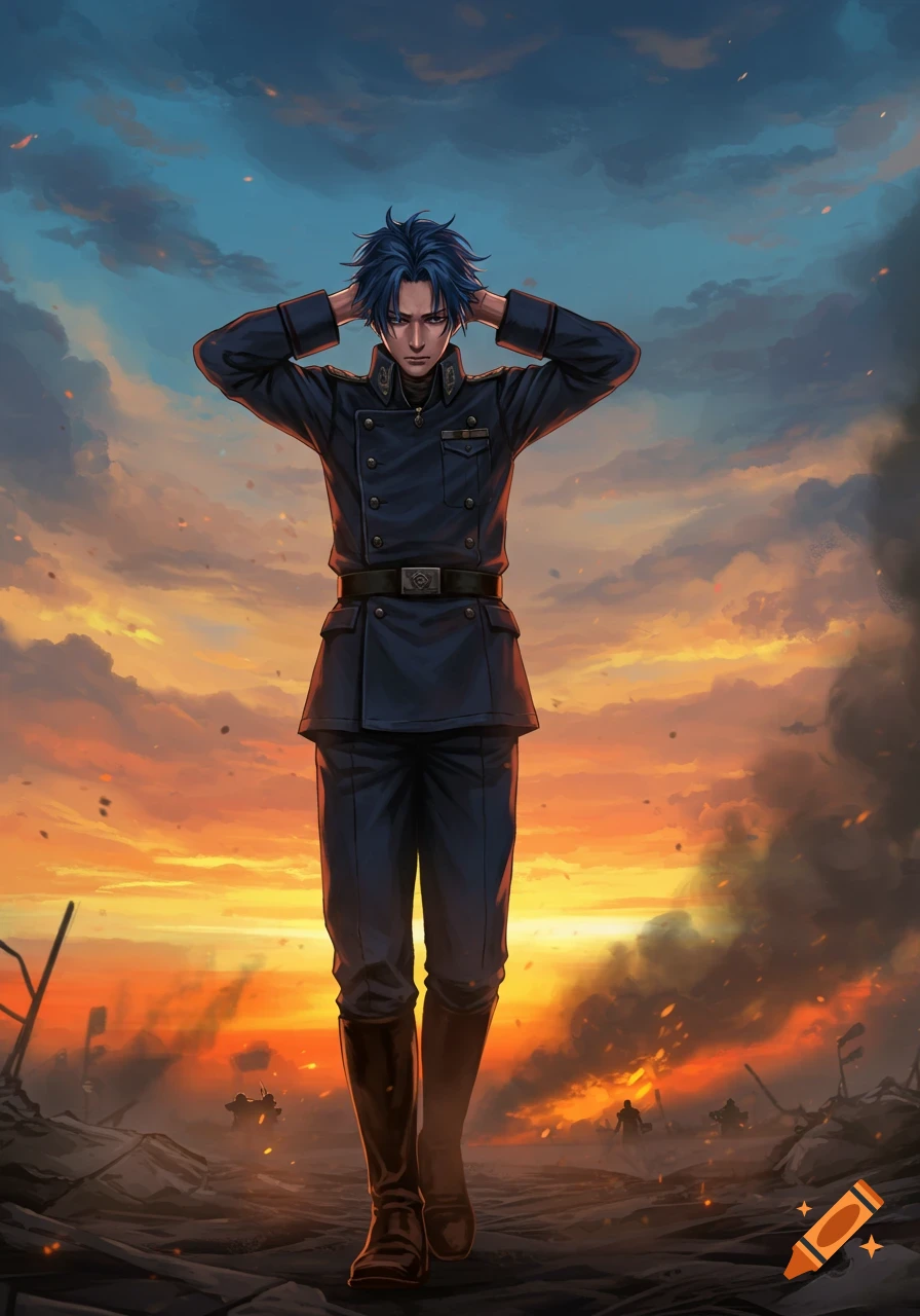 A blue-haired man in a dark military uniform stands on a desolate battlefield at sunset, hands clasped behind his head, in an anime style.