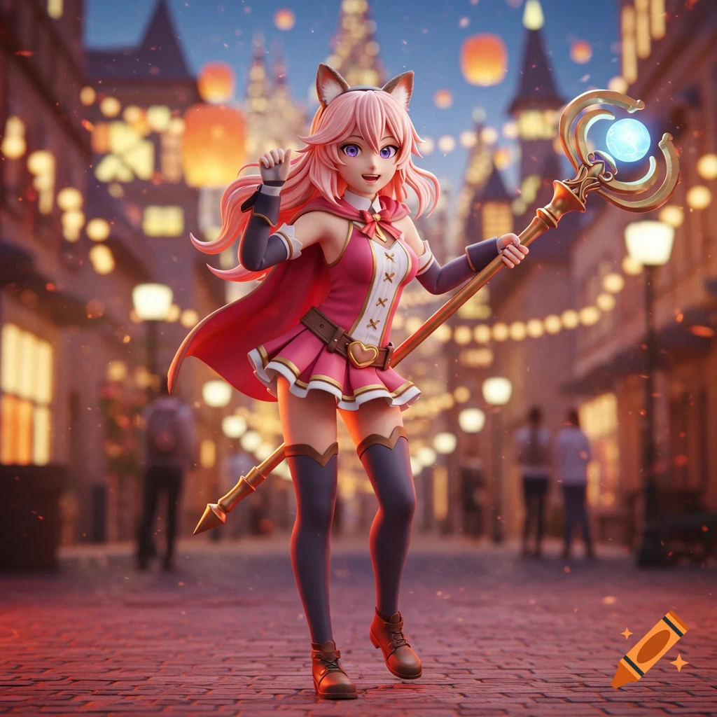 A 3D anime-style catgirl with pink hair, a red and pink fantasy outfit, and a magical staff stands on a cobblestone street in a magical city at night.
