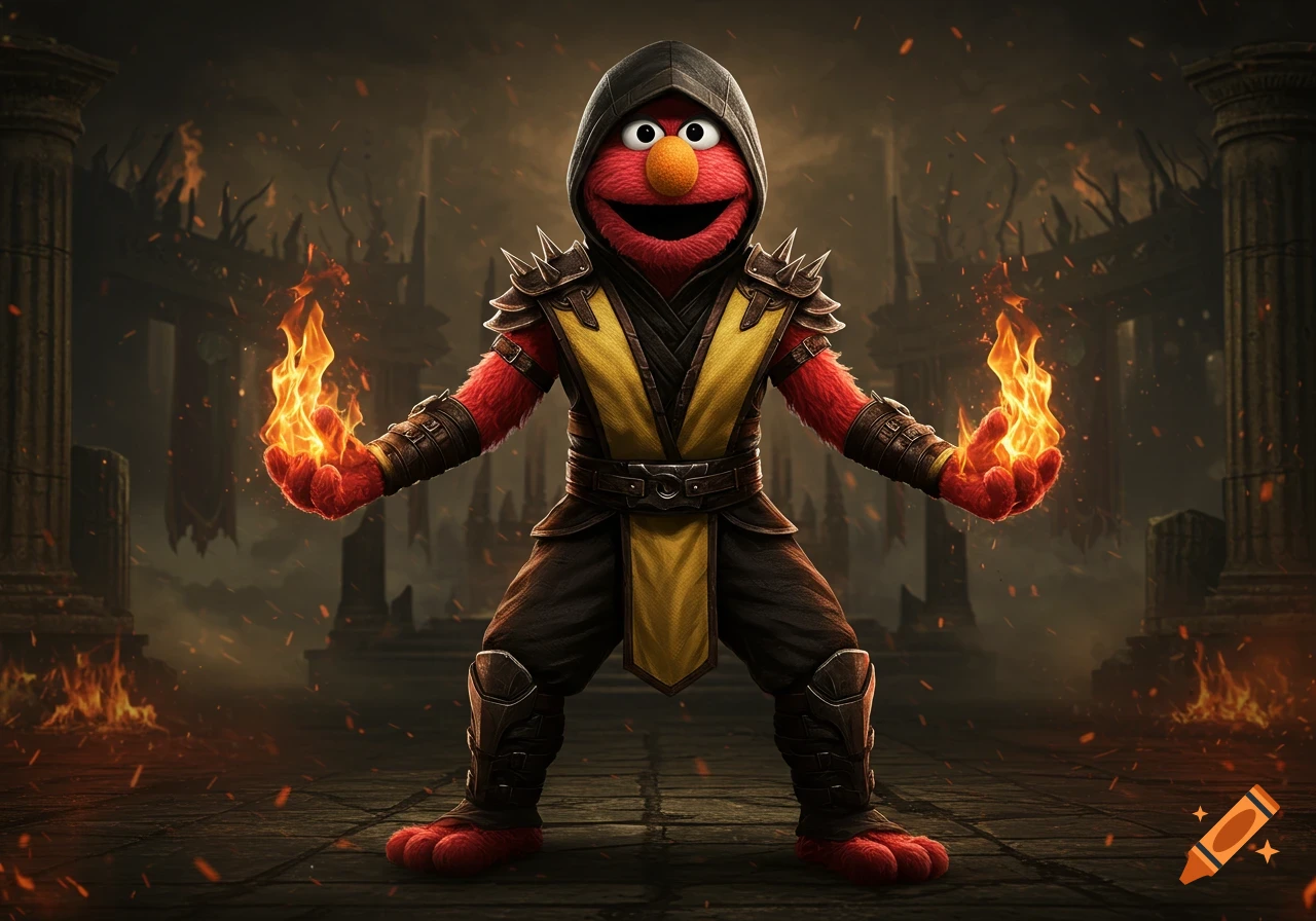 Elmo dressed as Scorpion from Mortal Kombat, holding flames in a dark, fiery ruin.