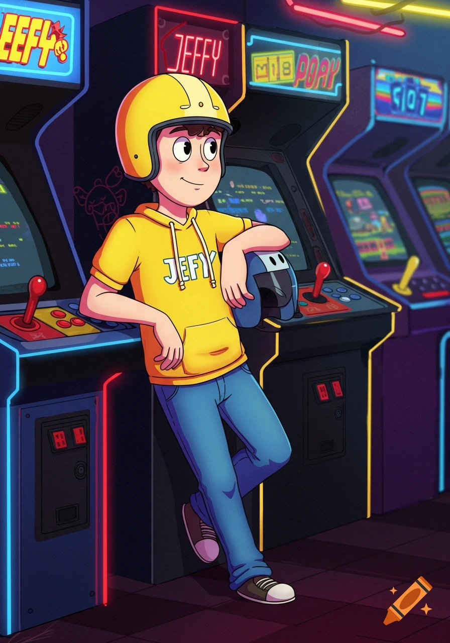 A cartoon boy in a yellow hoodie and helmet leans on an arcade machine, holding another helmet, with neon signs and other arcade games in a retro arcade.