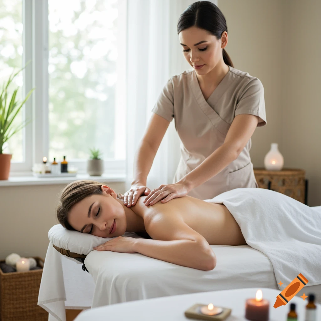 A woman lies on a massage table receiving a back massage from a therapist in a tranquil spa setting.