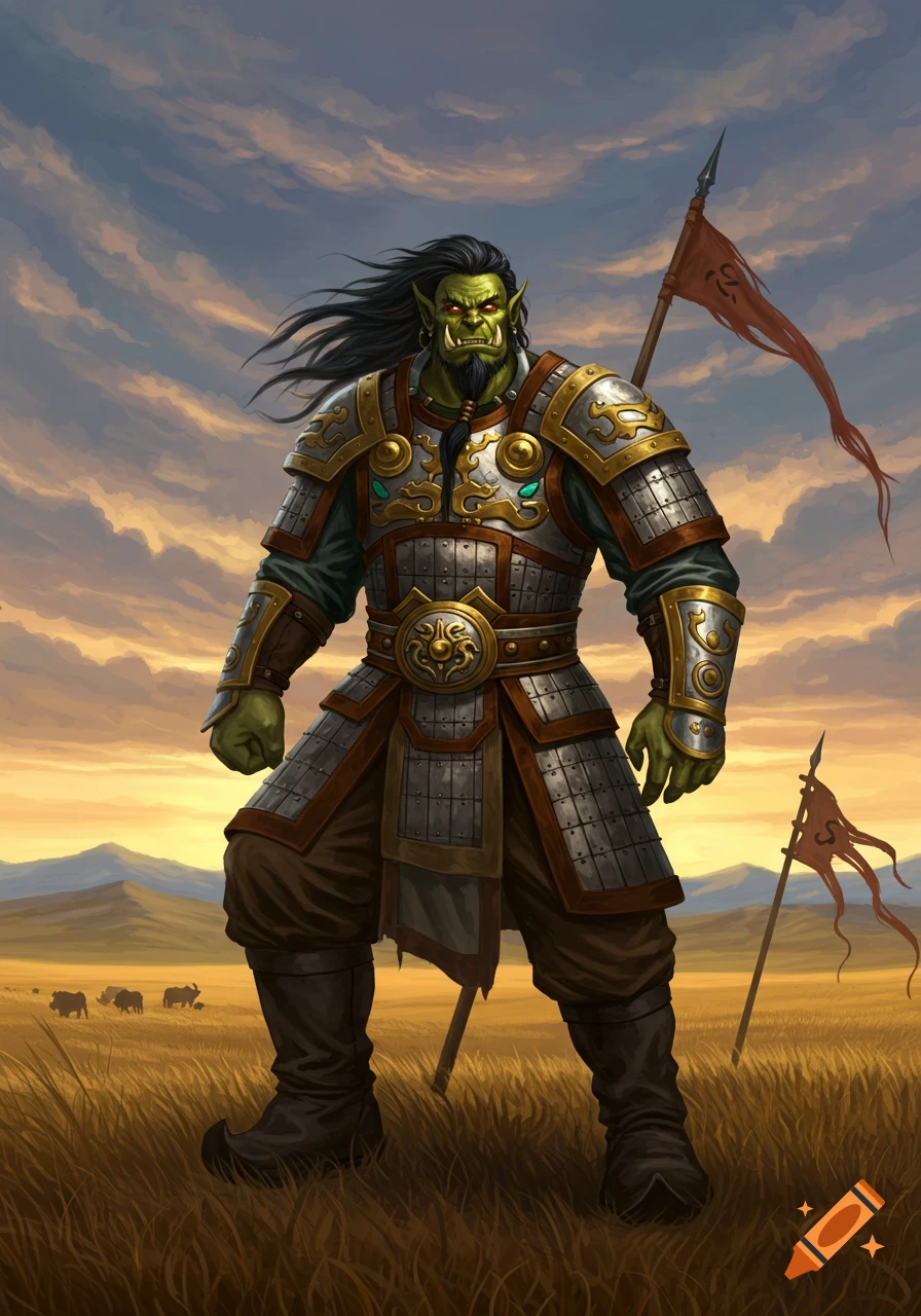 A green Mongolian orc warrior in elaborate silver and gold armor stands in a golden grassy field under a dramatic sky. Flags with red banners are behind him.
