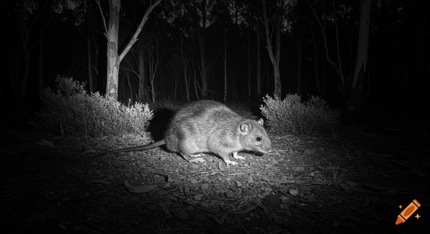 Monochromatic trailcam footage of a rat on the forest floor at night, with trees in the dark background.