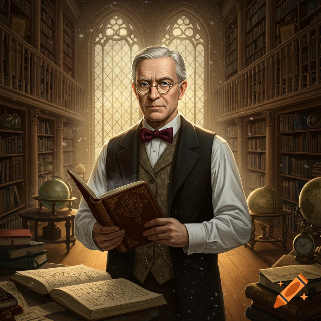 A distinguished professor with gray hair and glasses holds a book in a grand library filled with bookshelves and globes.