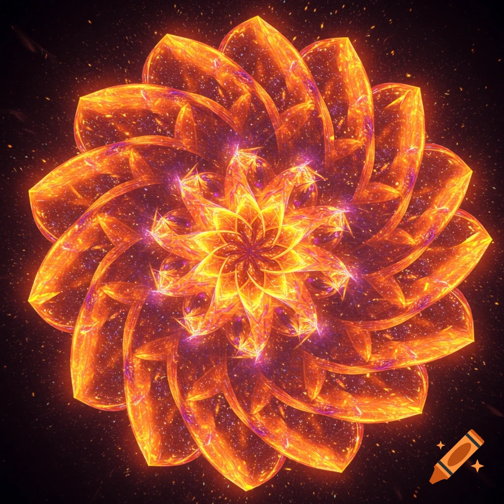 A vibrant, spiraling fractal mandala in glowing orange, yellow, and electric purple colors on a dark background.