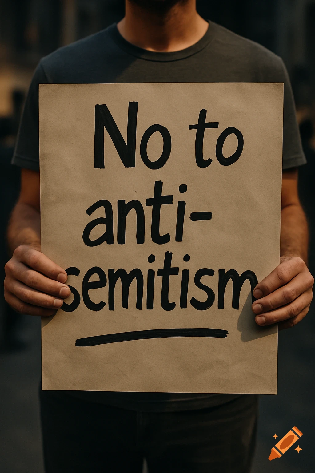 A person holds a beige cardboard sign with 'No to anti-semitism' written in black marker, in a photorealistic style.