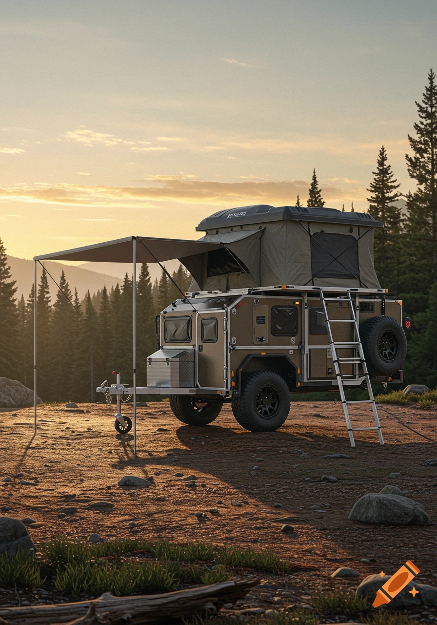Photorealistic image of an offroad camping trailer with a rooftop tent and awning, parked on rocky ground with pine trees and a sunset sky.