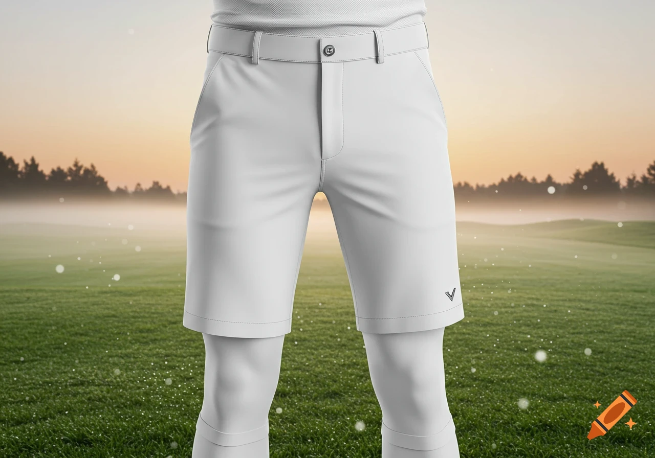 White golf shorts over white compression tights worn on a golf course at sunrise.