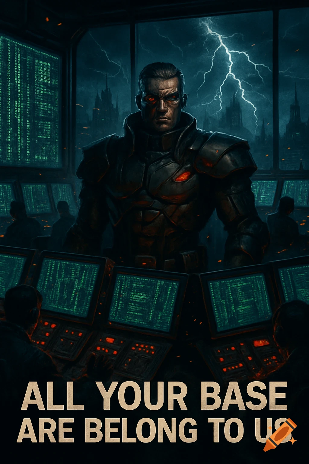 A stern armored man in a dark, tech-filled control room with a stormy sky, featuring 'ALL YOUR BASE ARE BELONG TO US' text.